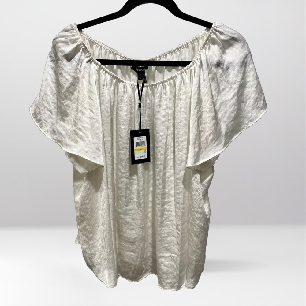 NWT DKNY Womens White Silky Sheer Off the Shoulder Blouse size Medium